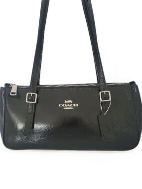Coach CBJ05 Glazed Leather Asher Shoulder Bag Handbag Black Silver